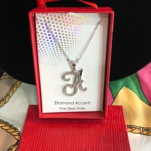 Silver Initial 'A' Necklace with Diamond Accents NEW fine silver plate